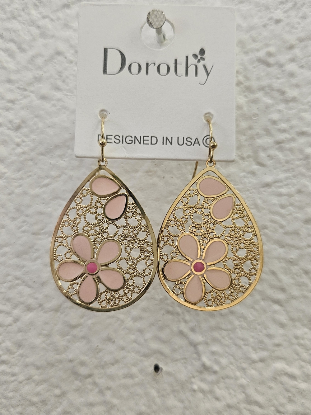 Gold and Pink Floral Teardrop Earrings